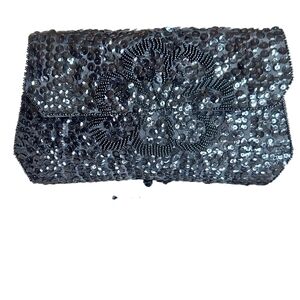 La Regale Black Sequins Seed Beaded Floral Design Formal Clutch Handmade